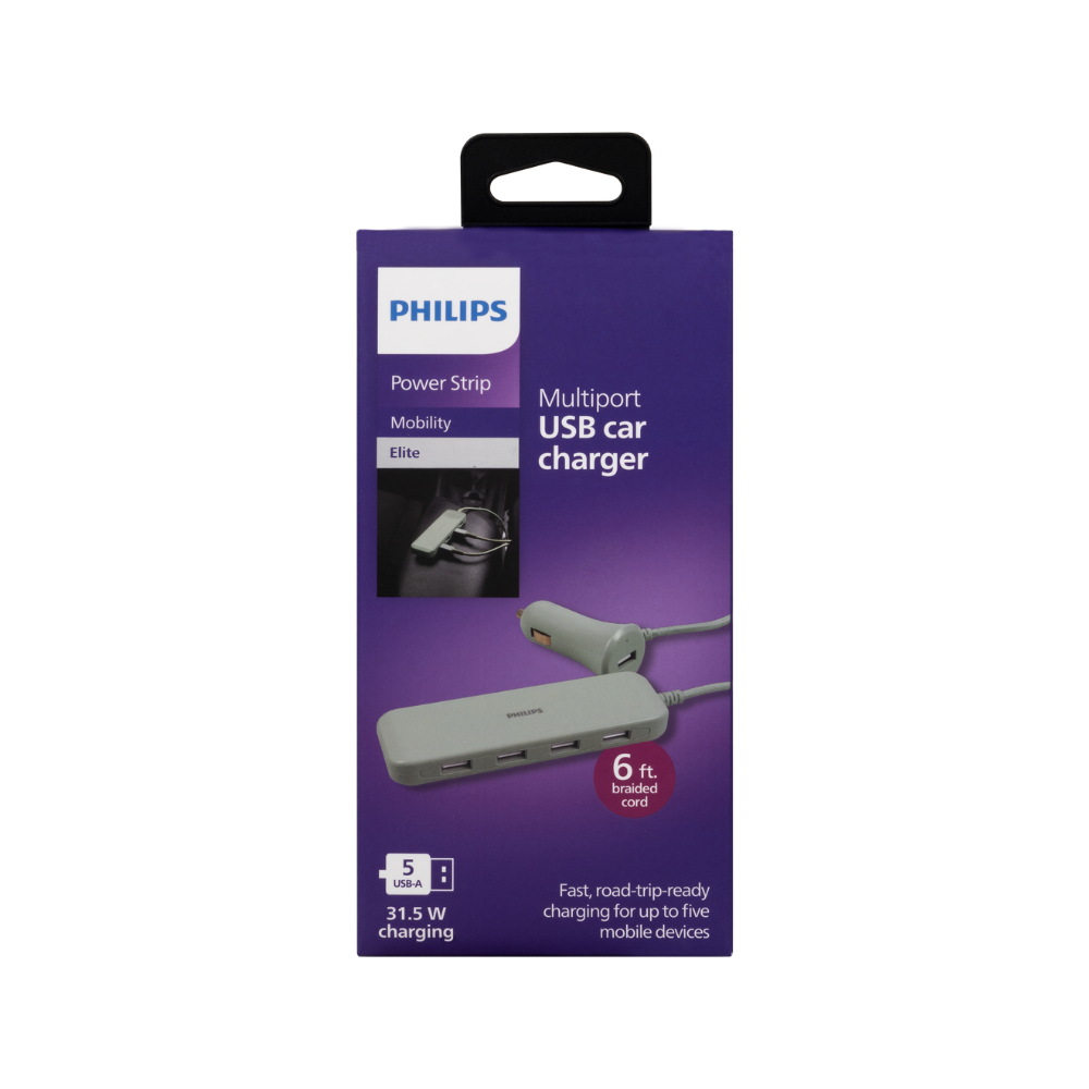 Philips DLP9912SG/37 Cargador para Vehículo de 31.5 W con 5 USB-A y Cable de 1.8 m
