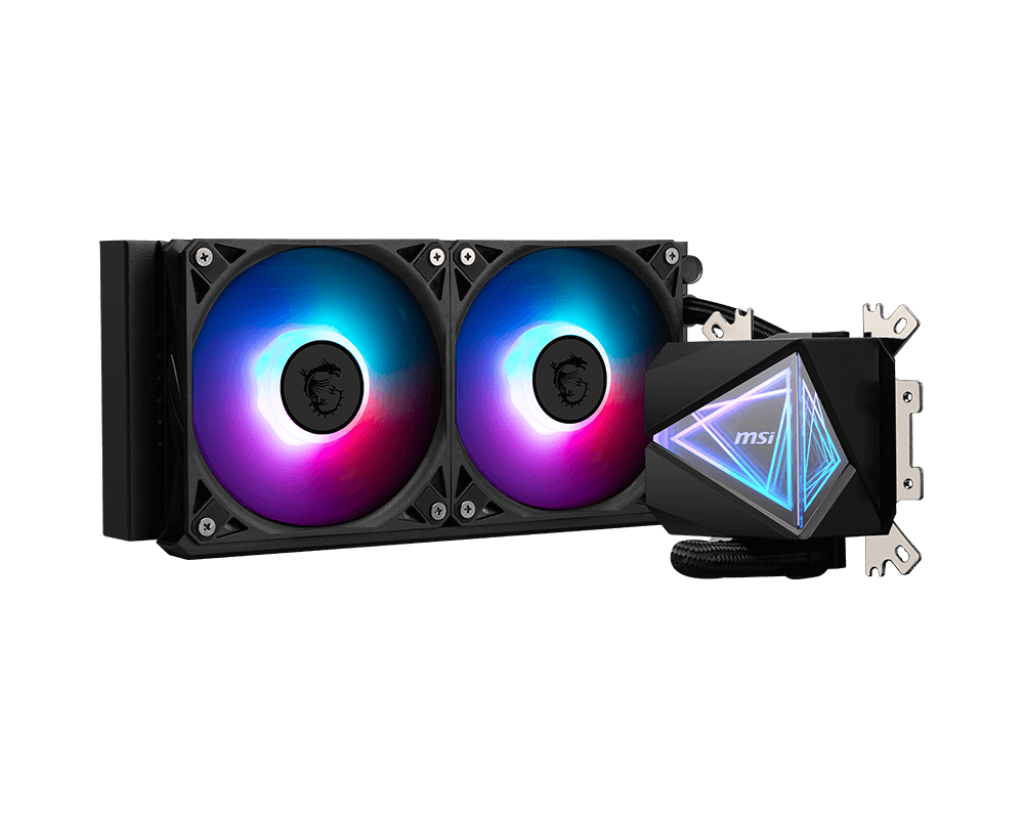 Vista completa del kit MSI MAG CoreLiquid I240 con tubería flexible y accesorios de montaje