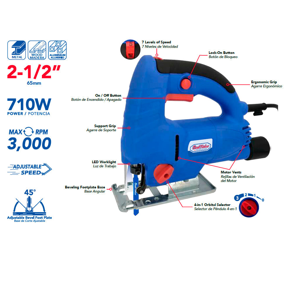 Best Value Sierra Caladora Orbital 710 W con 7 Velocidades y Ajuste de Corte de 0 a 45°, H27014