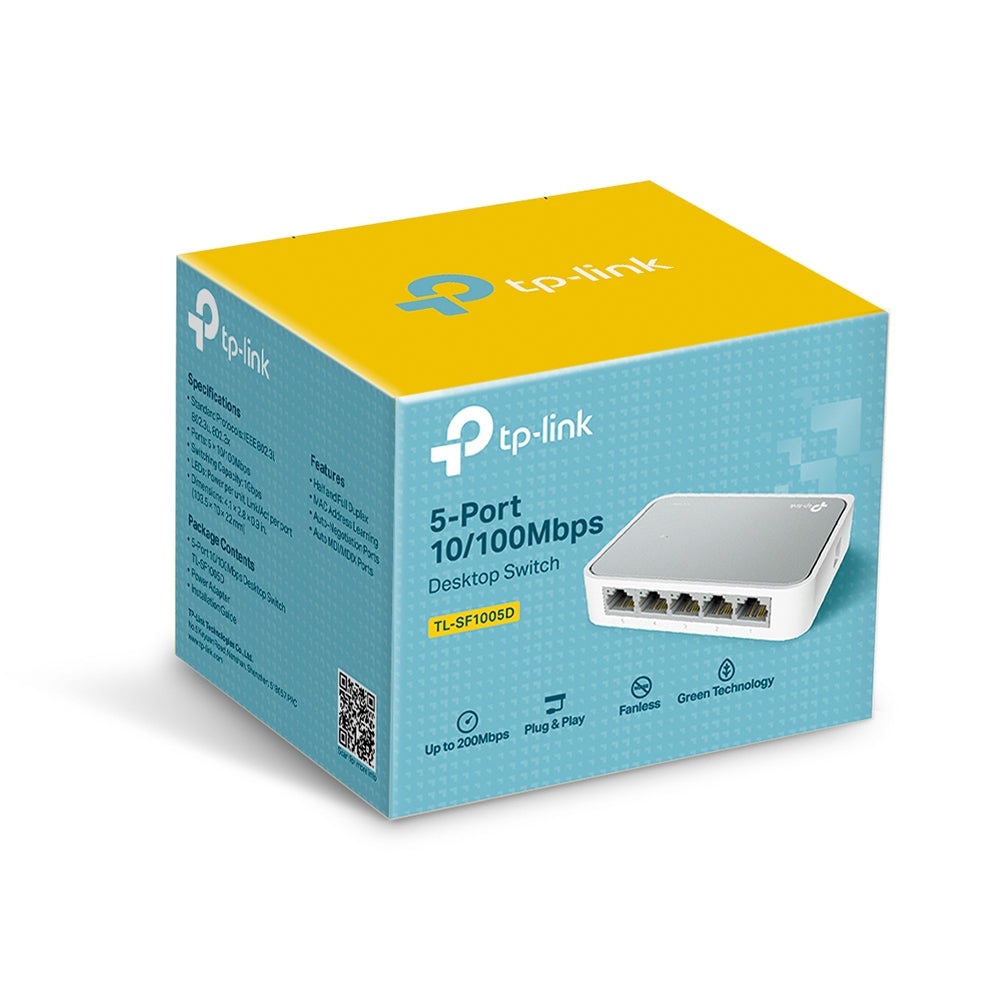 Switch TP-Link TL-SF1005D vista posterior con entrada de corriente DC y especificaciones