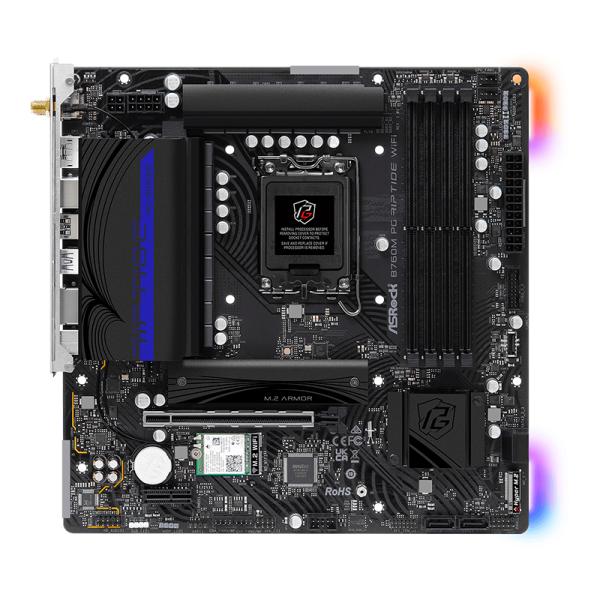 Tarjeta madre ASROCK B760M PG Lightning WiFi vista frontal con slots DDR5 y conectores