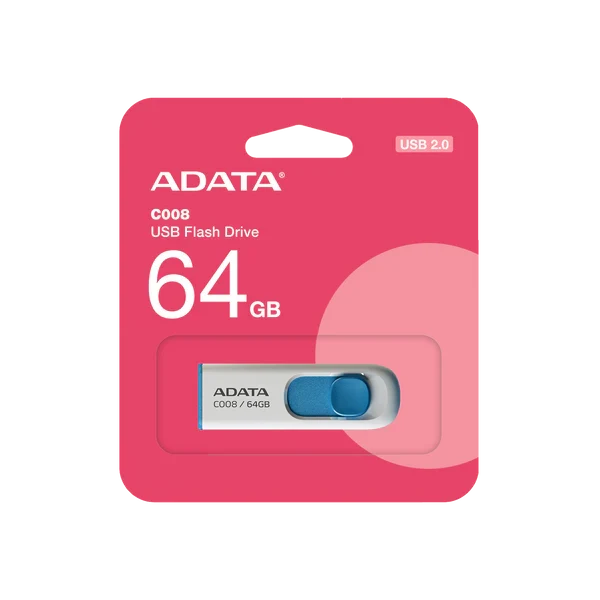 Memoria USB 2.0 ADATA C008 | 64GB | Conector Retráctil | Blanco y Azul