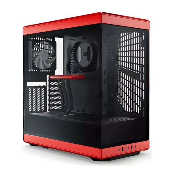 Case gaming HYTE Y40 ATX vista frontal con panel lateral transparente y ventiladores RGB