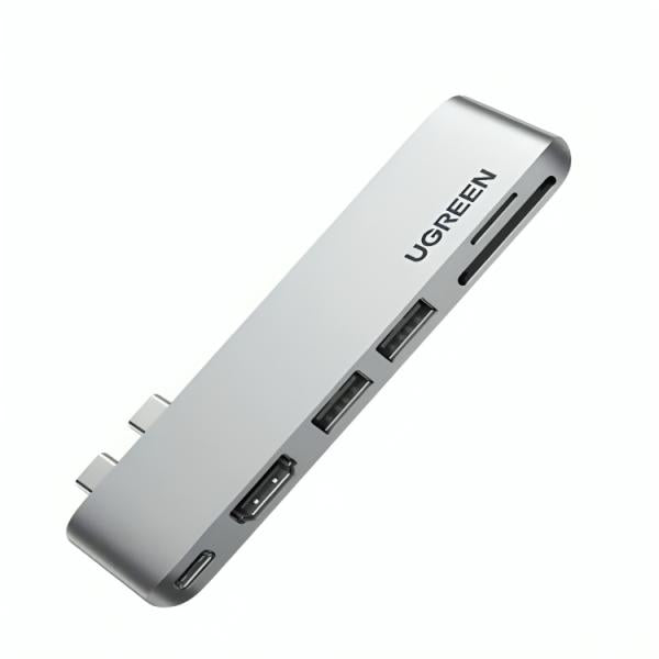 Vista superior del hub USB-C UGREEN CM380 con acabado aluminio premium