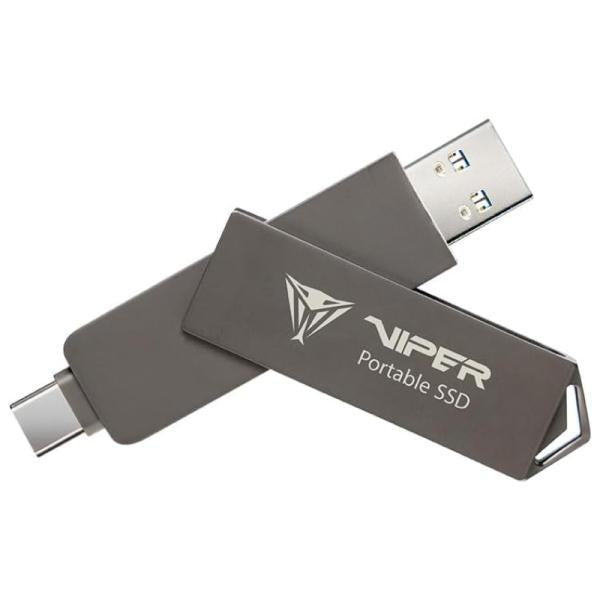 SSD externo Patriot PVP30 512GB vista frontal con conectores USB Type-C y Type-A