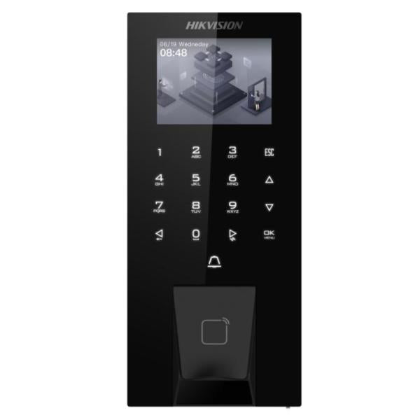 Control de acceso Hikvision DS-K1T807MBFWX con teclado táctil y lector de huellas dactilares vista frontal