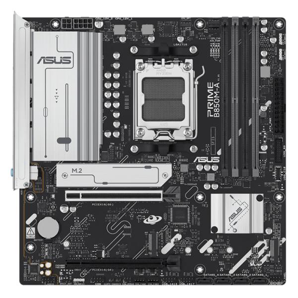 Tarjeta madre ASUS PRIME B850M-A formato micro-ATX con socket AM5 y ranuras DDR5 vista frontal completa