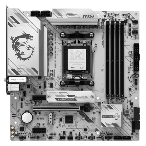 Tarjeta madre MSI B850M Gaming Plus WiFi 6E vista frontal completa con conectores AM5