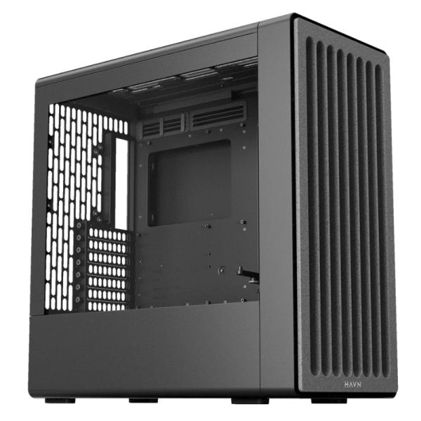 Case HAVN BF 360 Mid Tower vista frontal con panel lateral de vidrio templado