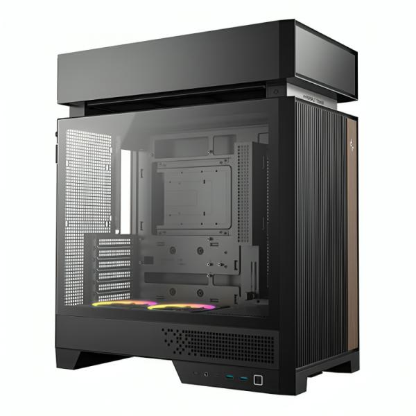 Case DEEPCOOL CL660 Mid Tower negro vista frontal con panel lateral y ventiladores 120mm