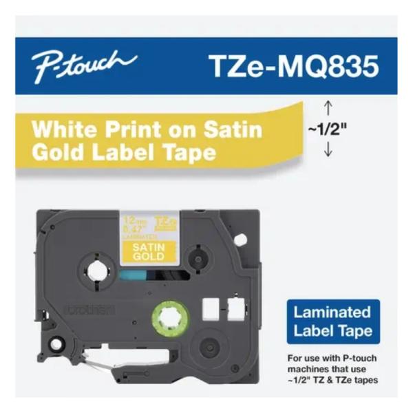 CINTA DE ETIQUETADO BROTHER TZEMQ835G 12MM X 5M COMPATIBLE CON P-TOUCH BLANCO SOBRE FONDO DORADO SATINADO