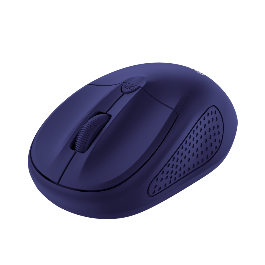 Mouse Trust inalámbrico azul vista trasera con compartimento baterías