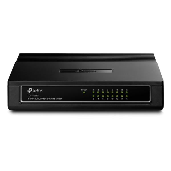 Switch de red TP-Link TL-SF1016D vista lateral mostrando diseño compacto negro para montaje en rack