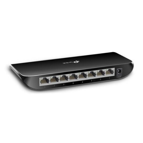 Switch TP-Link TL-SG1008D de 8 puertos Gigabit Ethernet vista frontal con puertos RJ-45