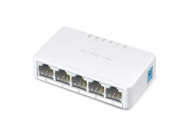 Switch de red Mercusys MS105 blanco compacto con 5 puertos Ethernet vista frontal