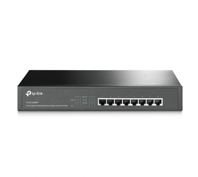 Switch TP-Link TL-SG1008MP 8 puertos PoE+ gigabit vista frontal con puertos RJ-45