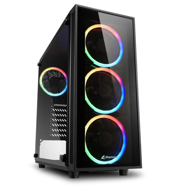 Case gaming Sharkoon TG4 RGB vista frontal con ventiladores iluminados y panel de vidrio templado