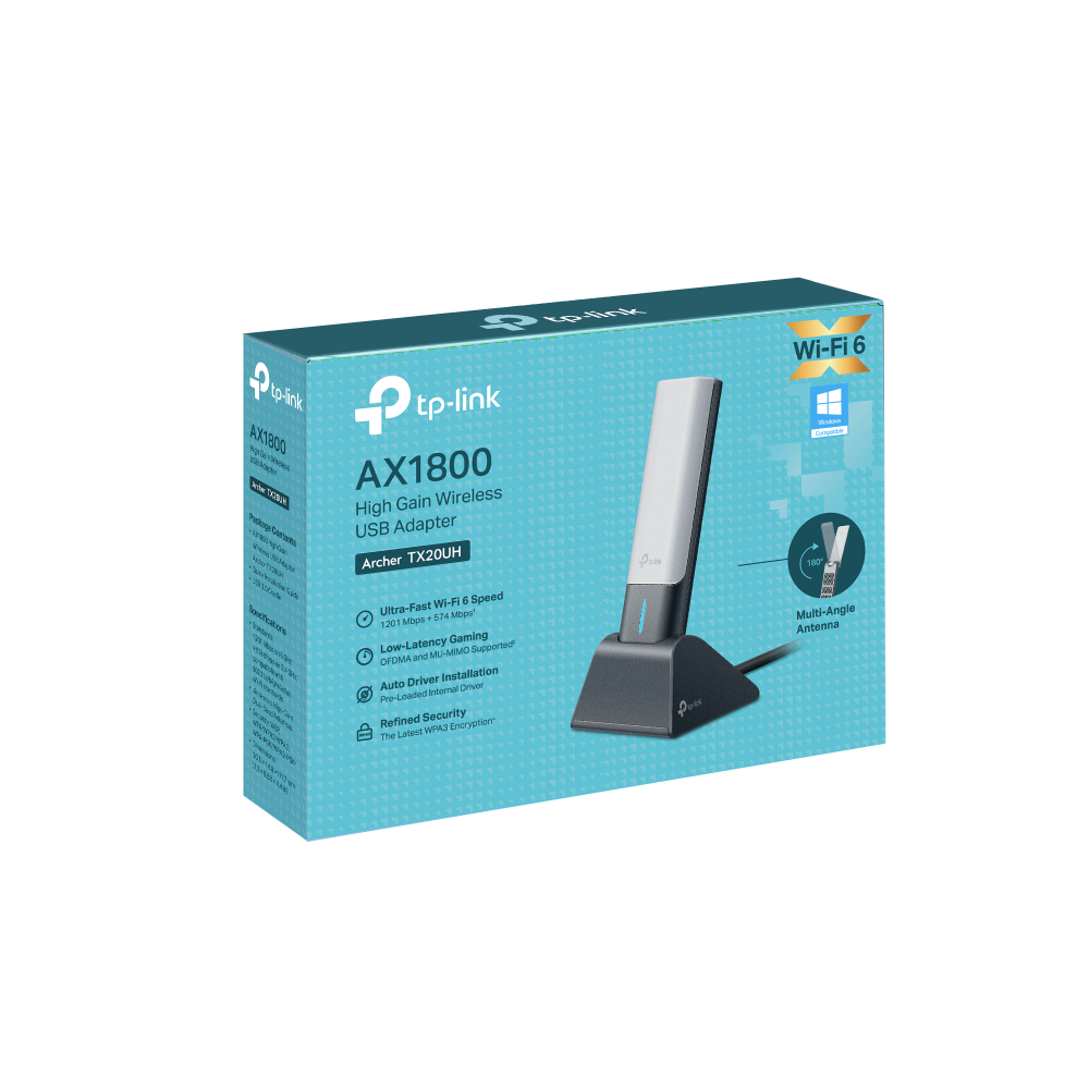 Adaptador inalámbrico TP-Link TX20UH junto a laptop mostrando compatibilidad y uso práctico