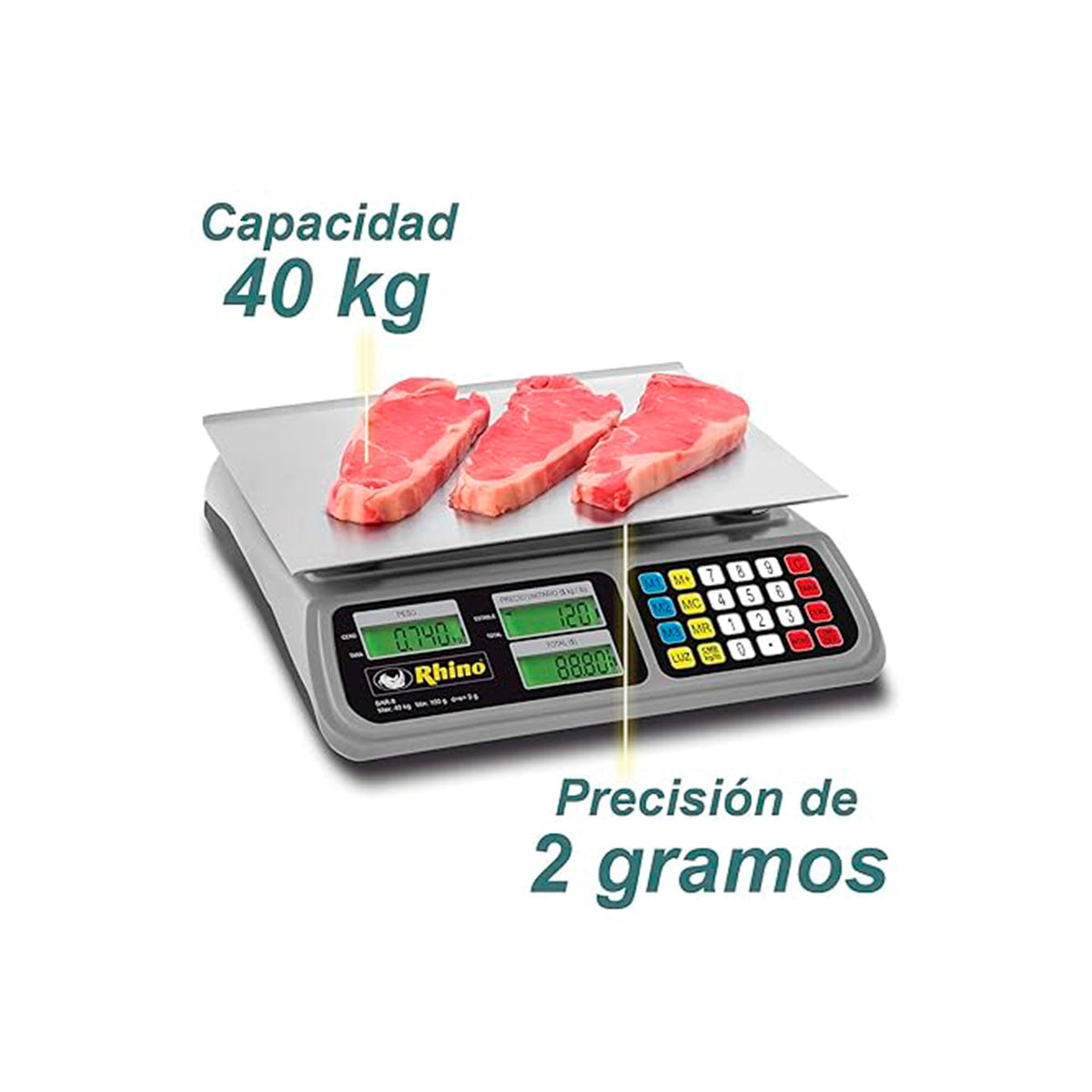 Rhino Báscula Peso-Precio 40 kg con Precisión de 2 g y Batería Recargable, BAR-8