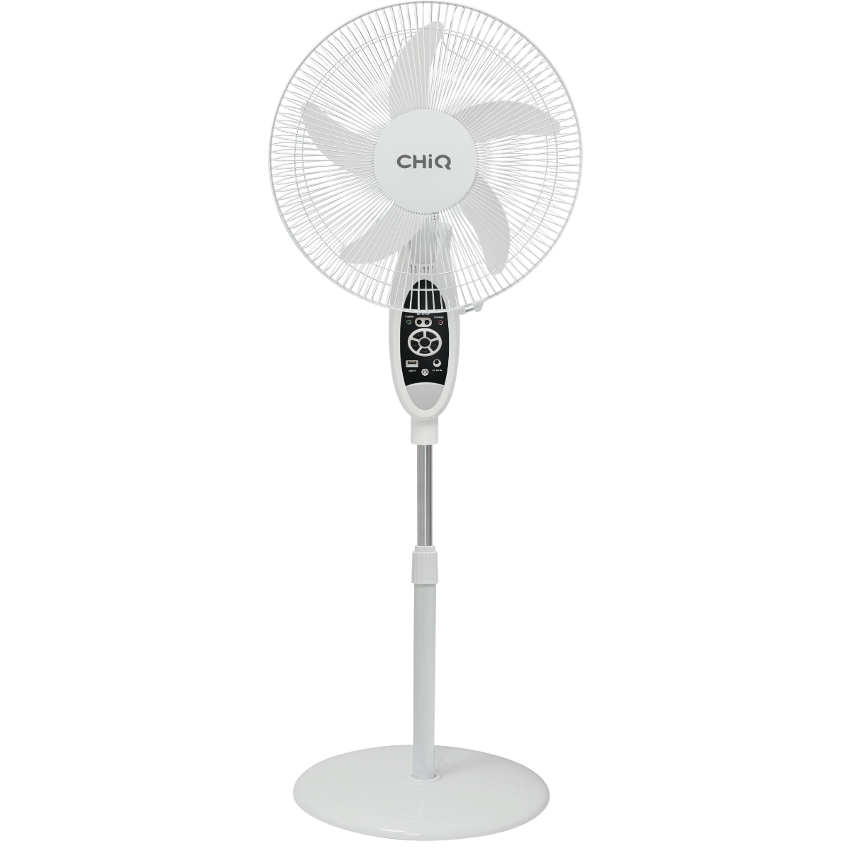 CHIQ CQVF16RN0IT1W Ventilador de Pedestal Recargable 16" 9 Velocidades Blanco con Temporizador, USB y Luz LED