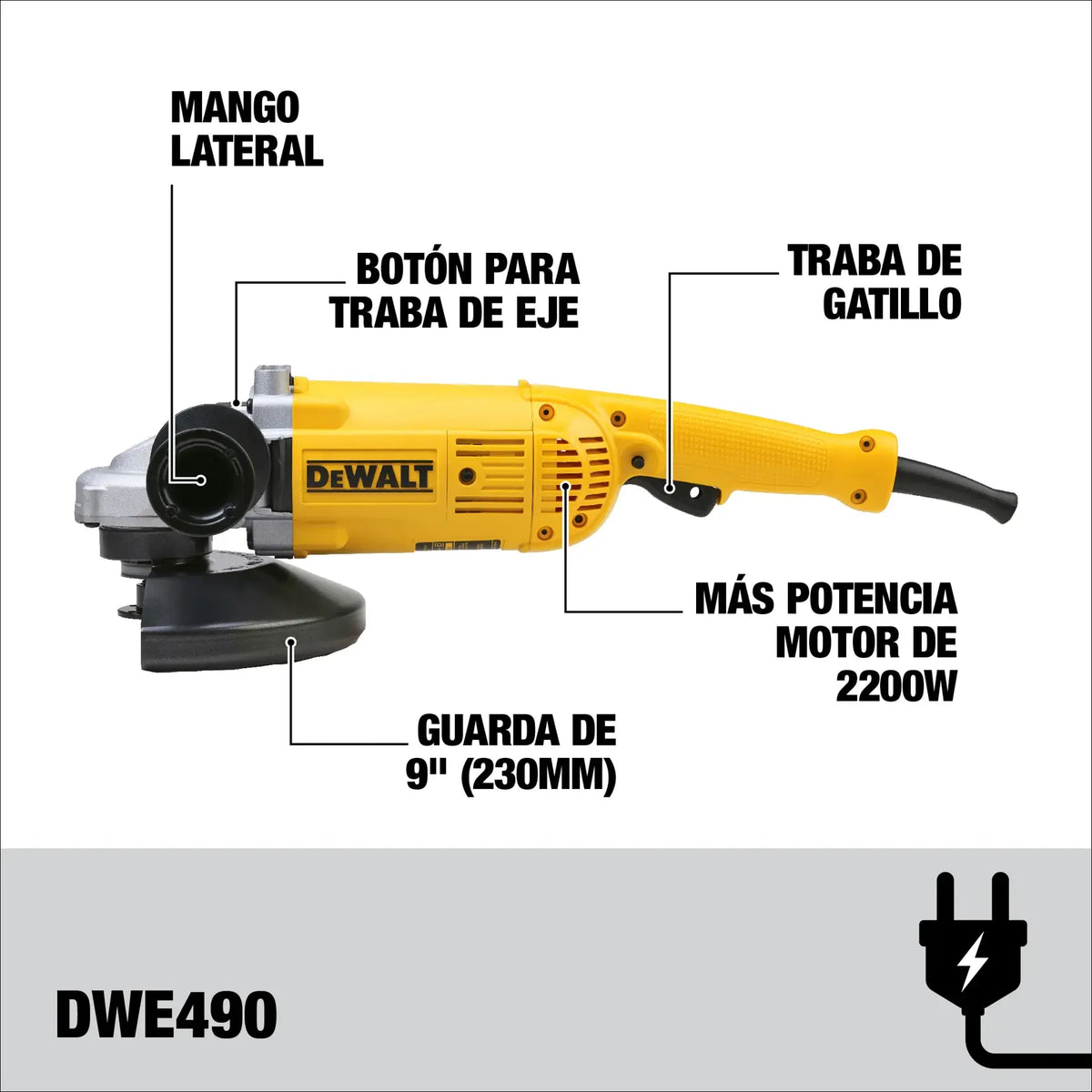 DEWALT DWE490-B3 mango lateral, botón de traba de eje y motor de 2200W