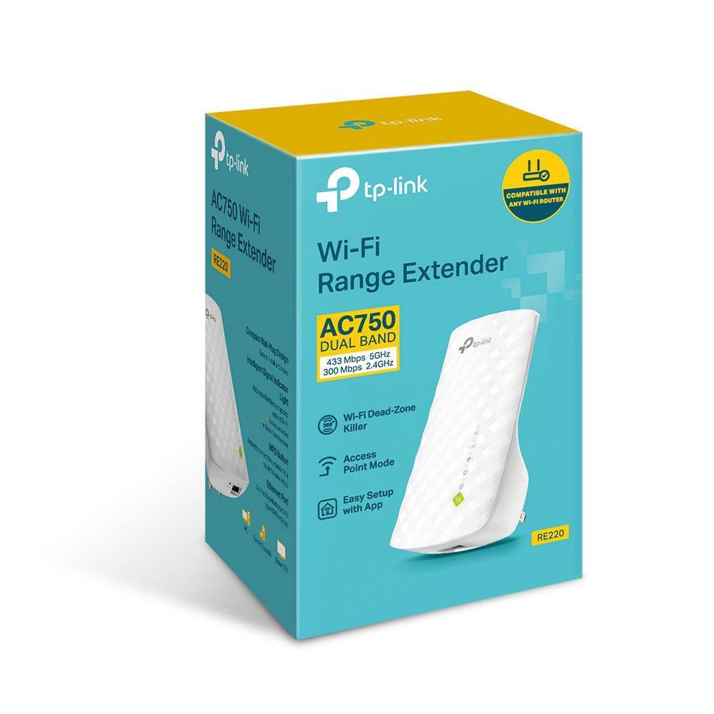 TP-Link RE220 instalado en pared mostrando tamaño real y antenas internas