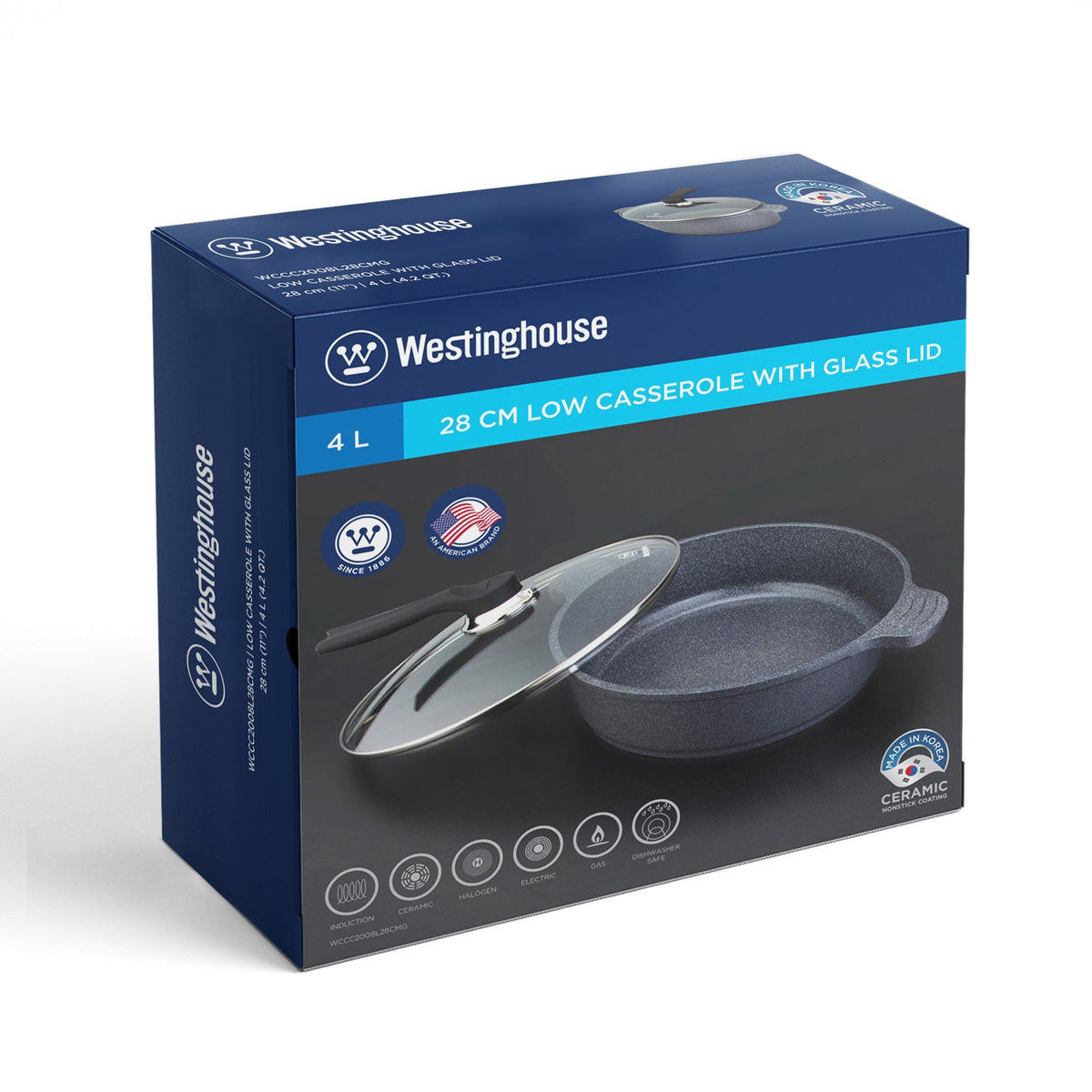 Cacerola Baja Westinghouse WCCC2008L28CMG | 4L | Cerámica 5th Generación | Tapa de Vidrio