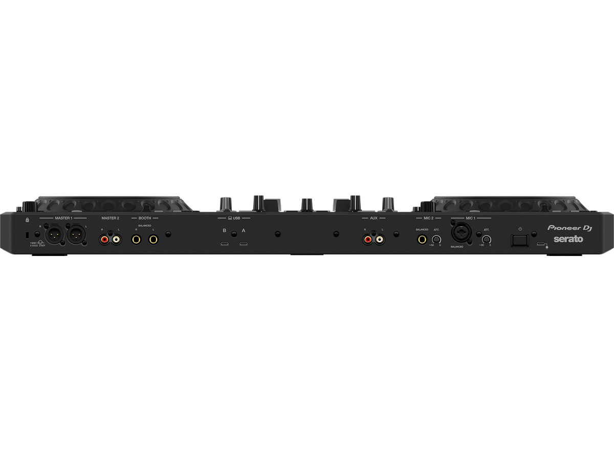 Pioneer DJ DDJ-REV5 vista de conexiones traseras: USB tipo C, salida XLR y AUX
