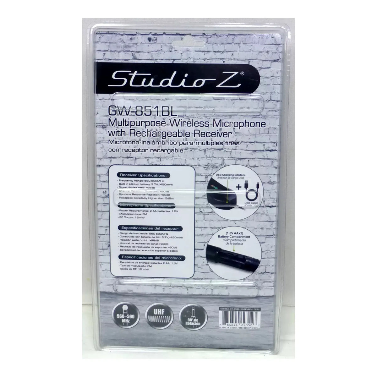 Studio Z GW-851BL Micrófono Inalámbrico de Mano UHF con Mini Receptor Recargable Negro