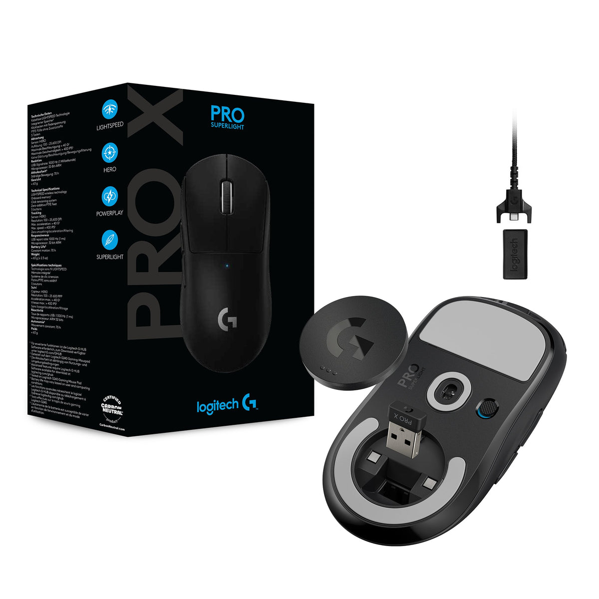 Mouse gaming Logitech PRO X SUPERLIGHT en ángulo trasero mostrando forma ambidiestra