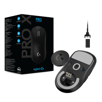 Mouse gaming Logitech PRO X SUPERLIGHT en ángulo trasero mostrando forma ambidiestra