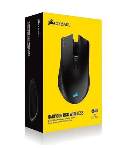 Mouse gaming Corsair Harpoon RGB vista posterior con logo iluminado y sensor óptico