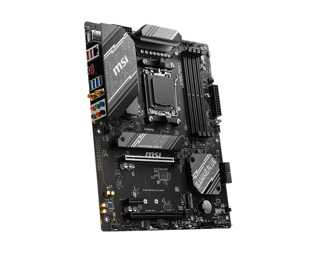 Motherboard MSI B650 Gaming Plus WiFi mostrando slots DDR5 y conectores
