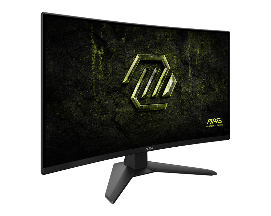 Vista lateral del monitor MSI MAG 274CF X24 mostrando curvatura 1500R y diseño del soporte