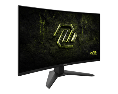 Vista lateral del monitor MSI MAG 274CF X24 mostrando curvatura 1500R y diseño del soporte