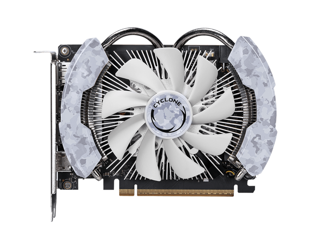 Tarjeta de video MSI GeForce RTX 5060 Cyclone OC vista frontal con ventiladores de enfriamiento