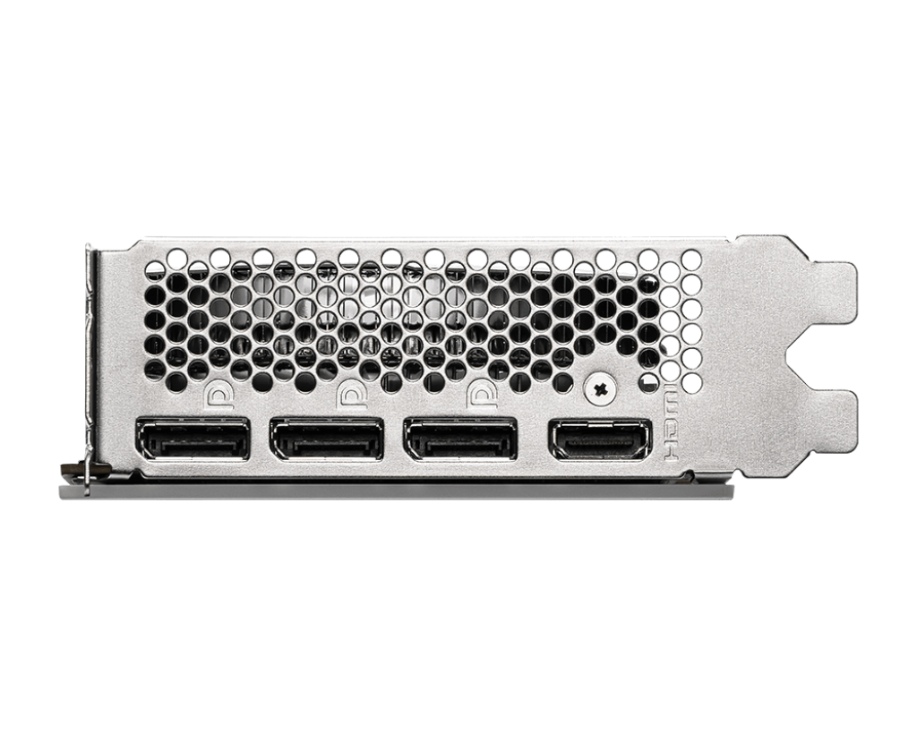 Ángulo diagonal de tarjeta de video MSI GeForce RTX 5060 destacando sistema de enfriamiento Cyclone