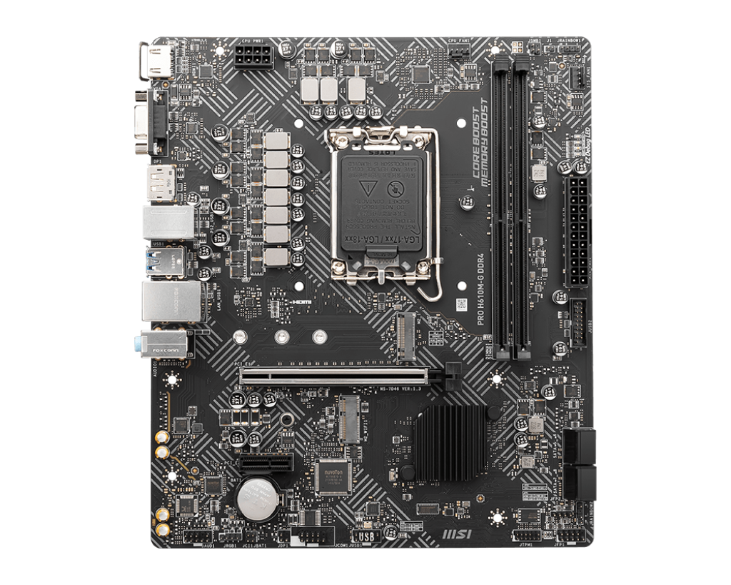 Tarjeta madre MSI PRO H610M-G vista frontal con socket LGA 1700 y ranuras DDR4