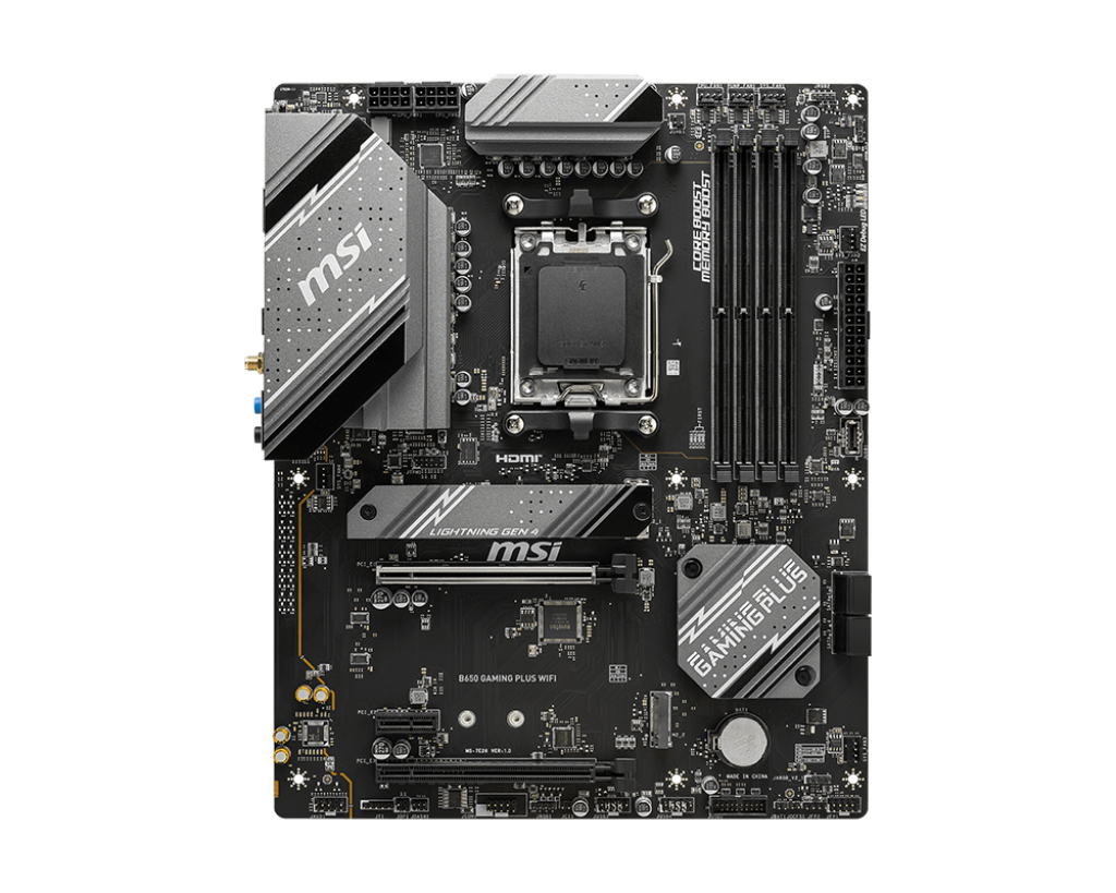 Detalle del socket AM5 y capacitores de la tarjeta madre MSI B650