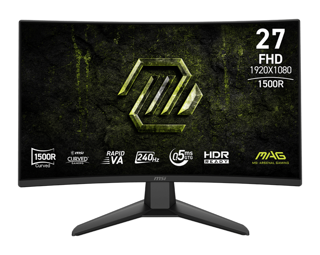 Monitor Gaming MSI MAG 274CF X24 de 27 pulgadas curvo vista frontal con pantalla encendida