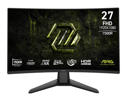 Monitor Gaming MSI MAG 274CF X24 de 27 pulgadas curvo vista frontal con pantalla encendida