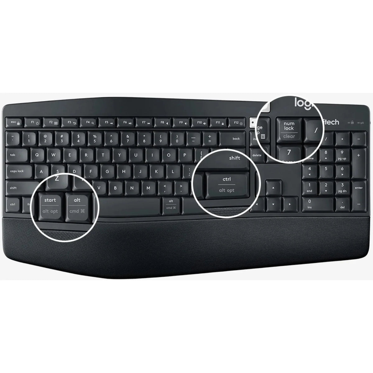 Vista lateral Logitech MK850 mostrando altura ajustable del teclado