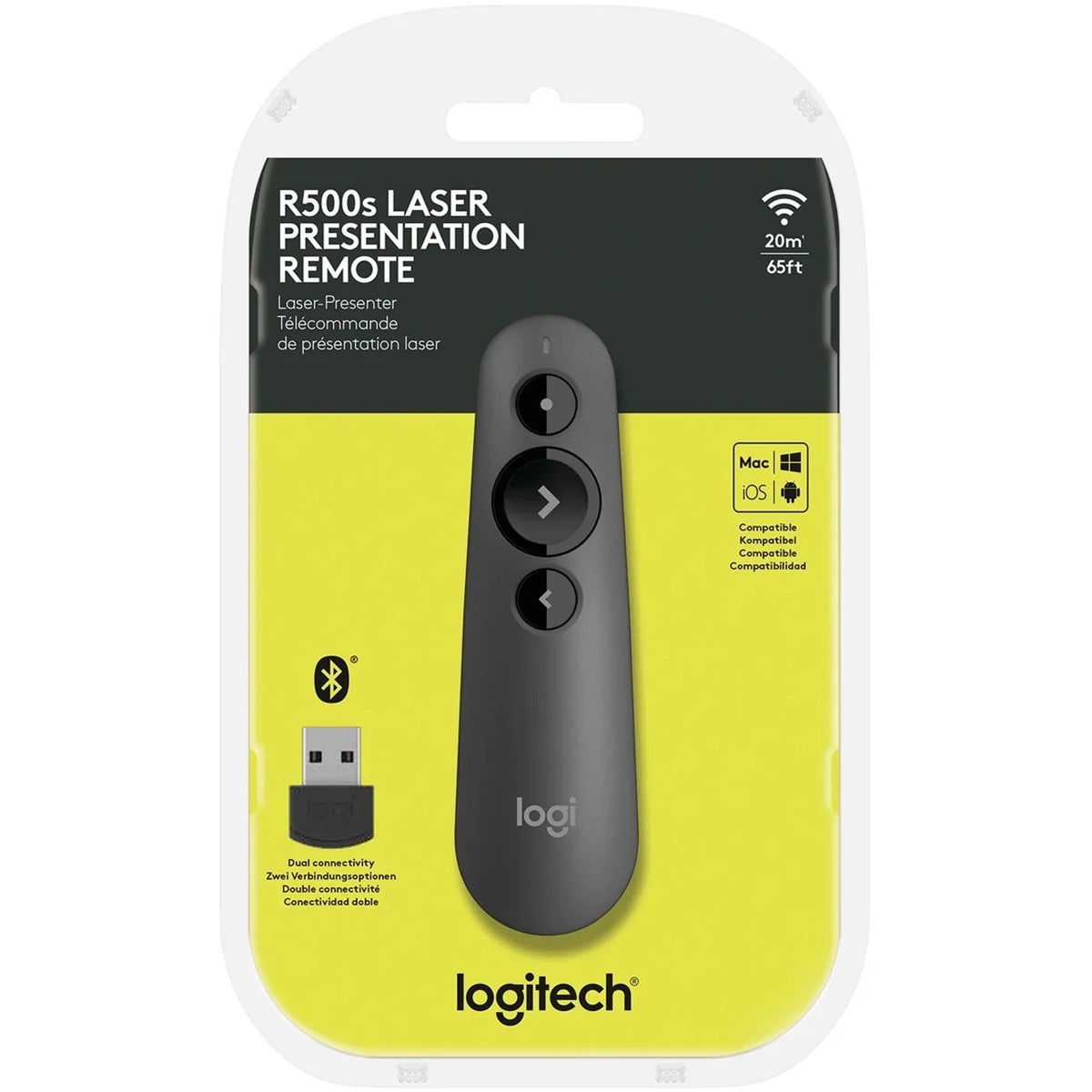 Puntero láser Logitech R500S en mano mostrando ergonomía y tamaño