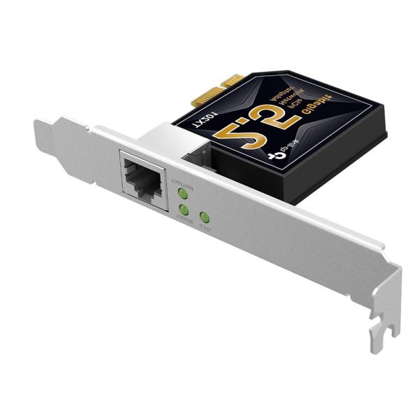 Adaptador de red TP-Link TX201 PCIe 2.5 Gigabit vista frontal con puerto RJ-45