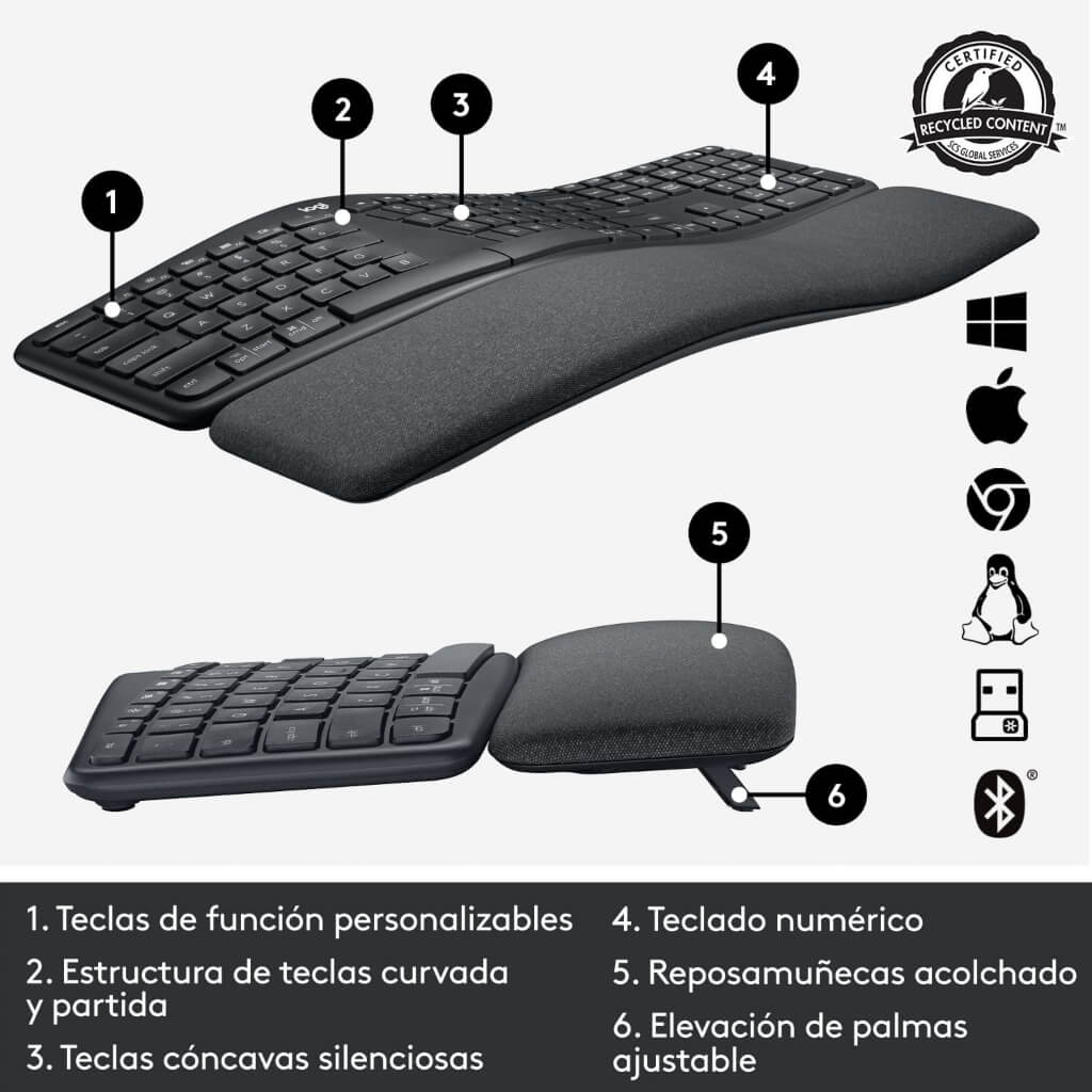 Vista superior del K860 destacando el diseño curvo dividido y espaciado ergonómico de teclas