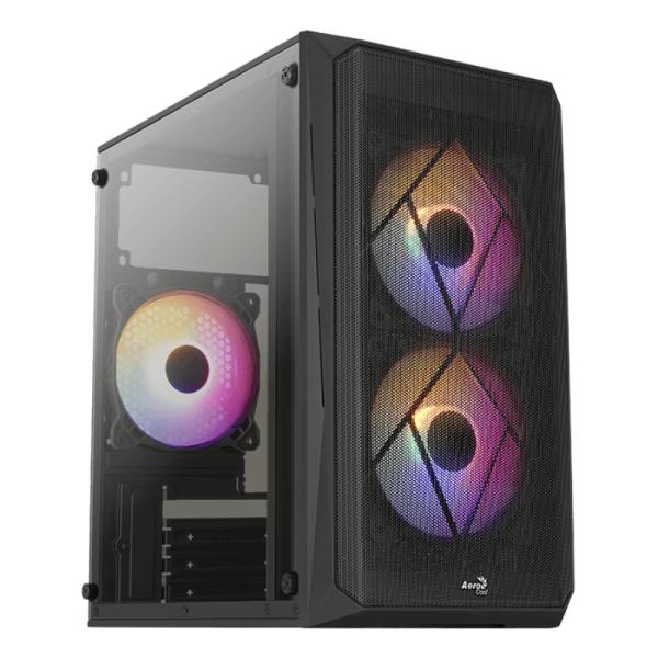 Case Gaming RGB Aerocool CS-107-A-BK-V2 vista frontal con malla y ventiladores LED