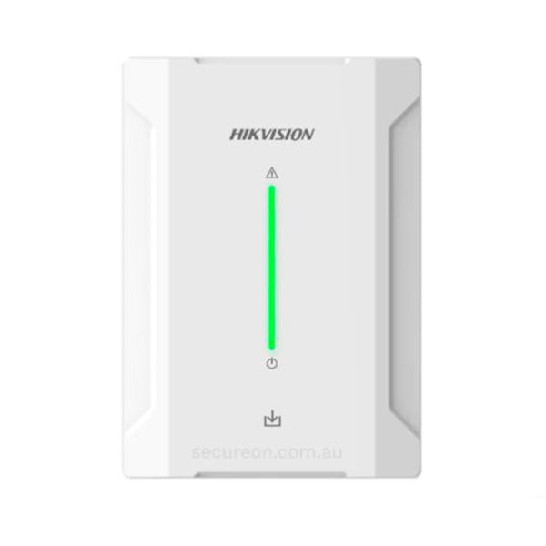 Módulo de relé inalámbrico Hikvision DS-PM1-O1L-WB vista frontal con indicadores LED