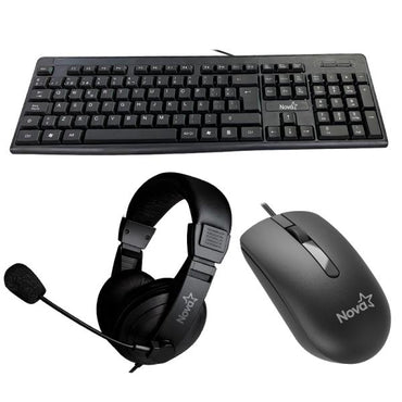 Vista frontal del teclado membrana Nova con mouse óptico ergonómico y headset para videollamadas