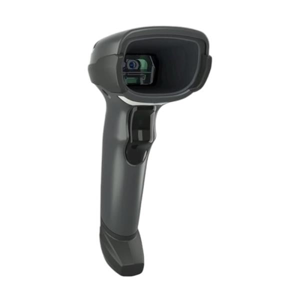 Lector código barras Zebra DS4608-SR vista frontal con stand USB negro