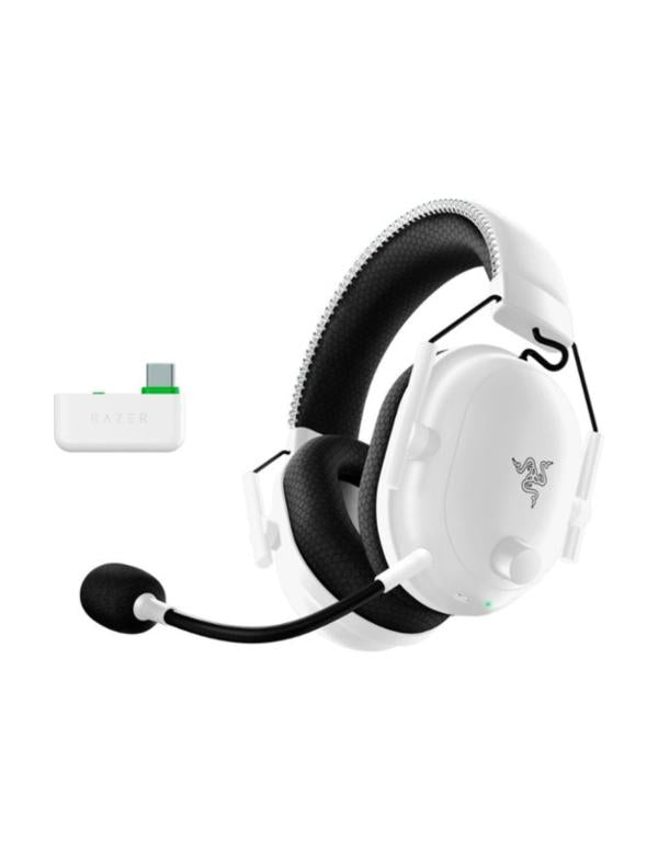 Headset Razer BlackShark V2 Pro NASA White vista frontal con micrófono retráctil